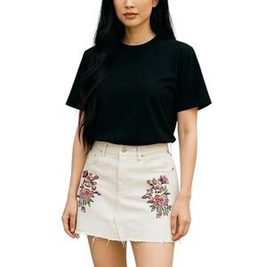PacSun Embroidered Mini Skirt Women's Size 26 White Denim Fringe Hem Zip Front